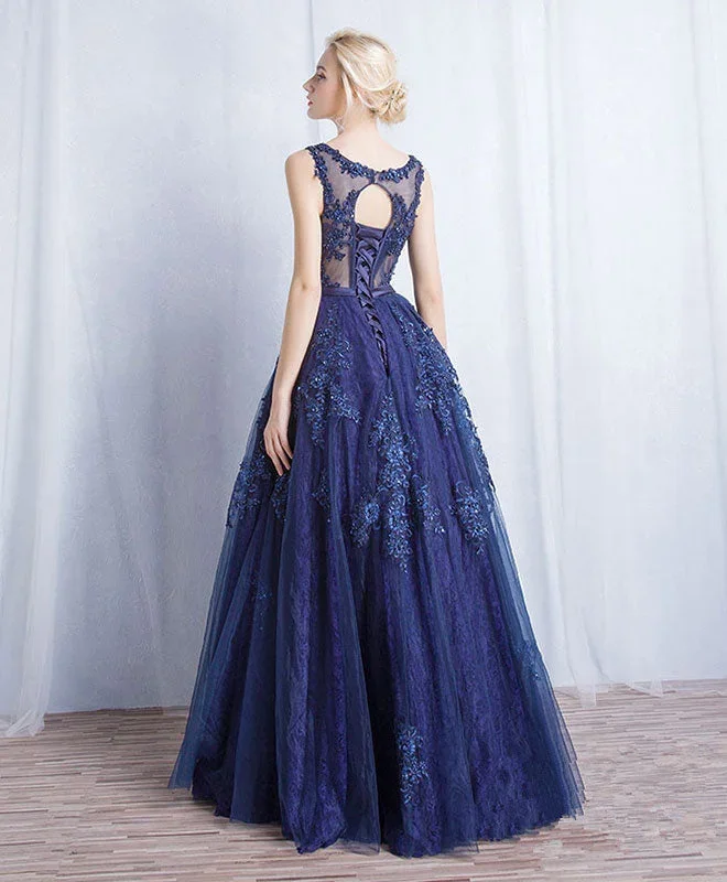 dark-blue-round-neck-tulle-lace-applique-long-prom-dress