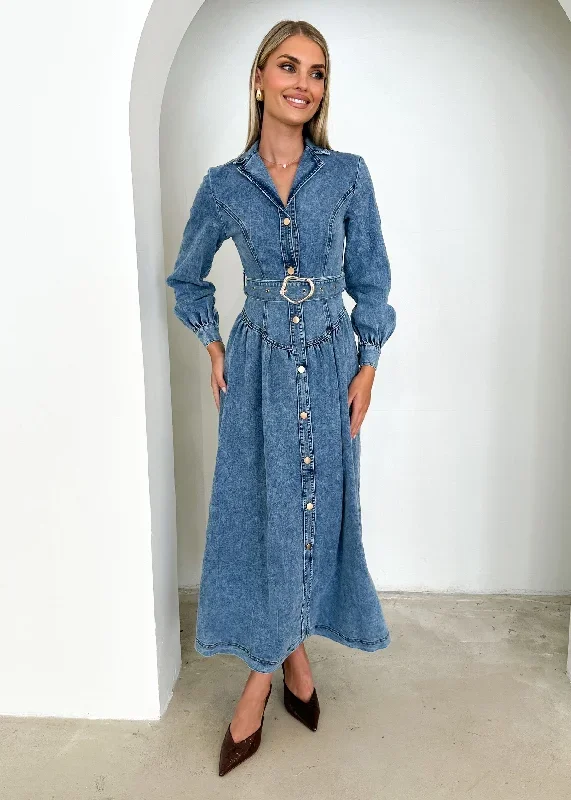 Dazer Denim Maxi Dress - Mid Blue