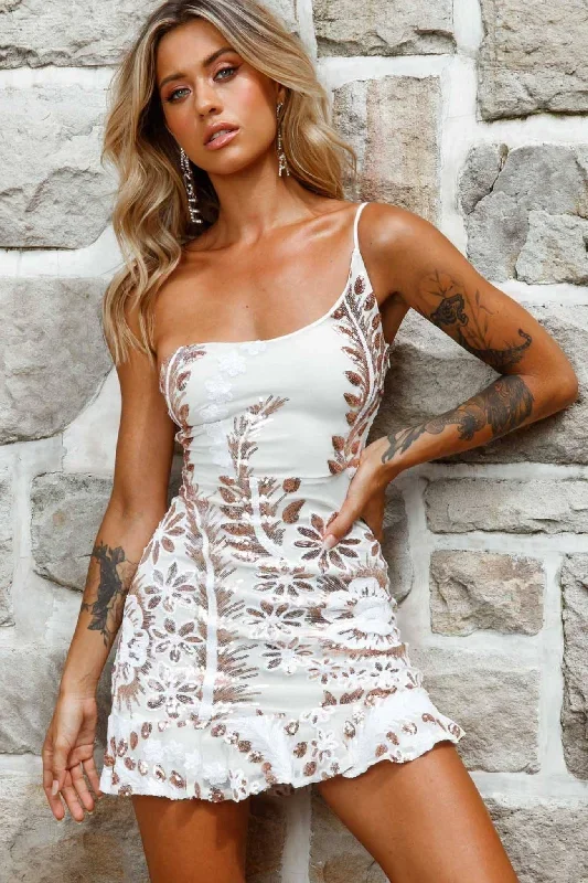 Don't Wait Up One Shoulder Sequin Dress White/Gold