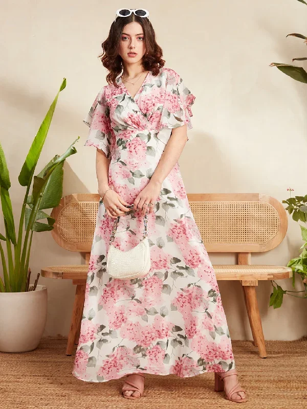 Berrylush Women White & Pink Floral Printed V-Neck Flutter Sleeve Pleated Maxi Dress