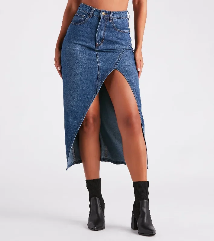 Elevate the Game Denim Slit Midi Skirt