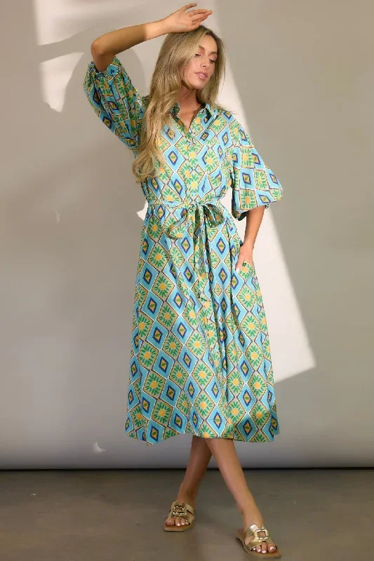 Everlasting Turquoise Multi Print Button Front Midi Dress