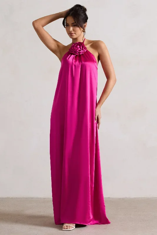 Everleigh | Dark Pink Satin Relaxed Fit Maxi Column Dress With Corsage