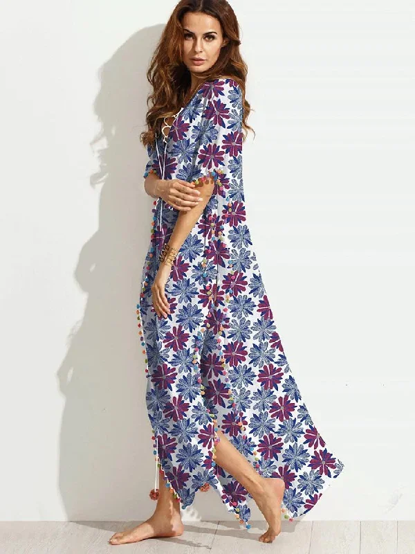 JuliaFashion-Eyes On You Floral Pom-Pom Maxi Dress