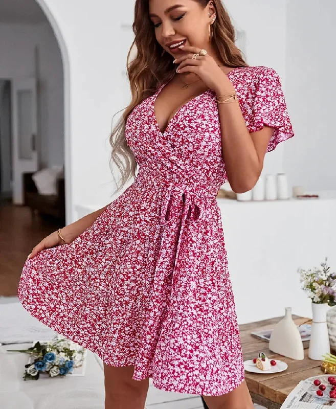 FashionSierra-Deep V Neck  Short Sleeve  Women  Robe  Casual  Rayon  Floral Print  Mini  Summer  Beach Wear  Ladies Boho Dress