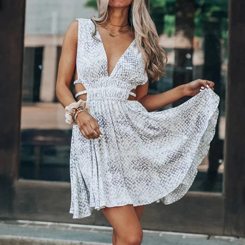 FashionSierra-Sexy  Deep V-neck  Mini  Robe  Hollow Waist  Sleeveless  Short  Summer  Beach Print Boho Dress