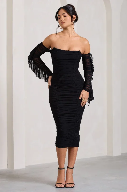 Favor | Black Ruched Mesh Bardot Midi Dress