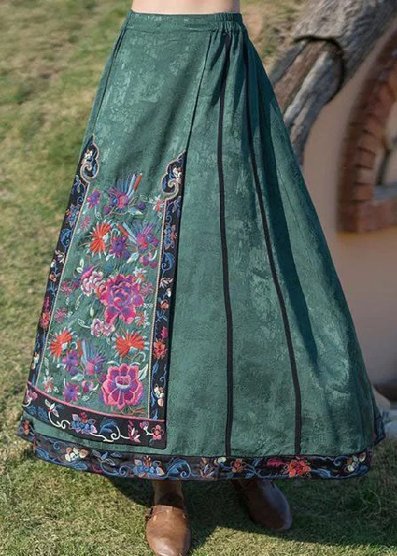 fine-green-wrinkled-embroideried-pockets-patchwork-silk-skirt-summer