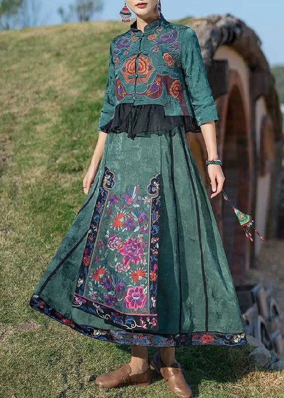 fine-green-wrinkled-embroideried-pockets-patchwork-silk-skirt-summer