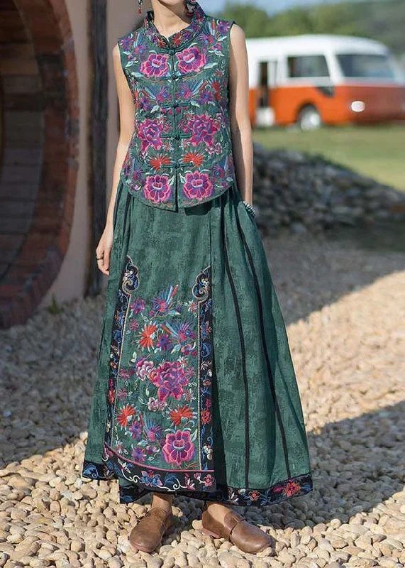 fine-green-wrinkled-embroideried-pockets-patchwork-silk-skirt-summer