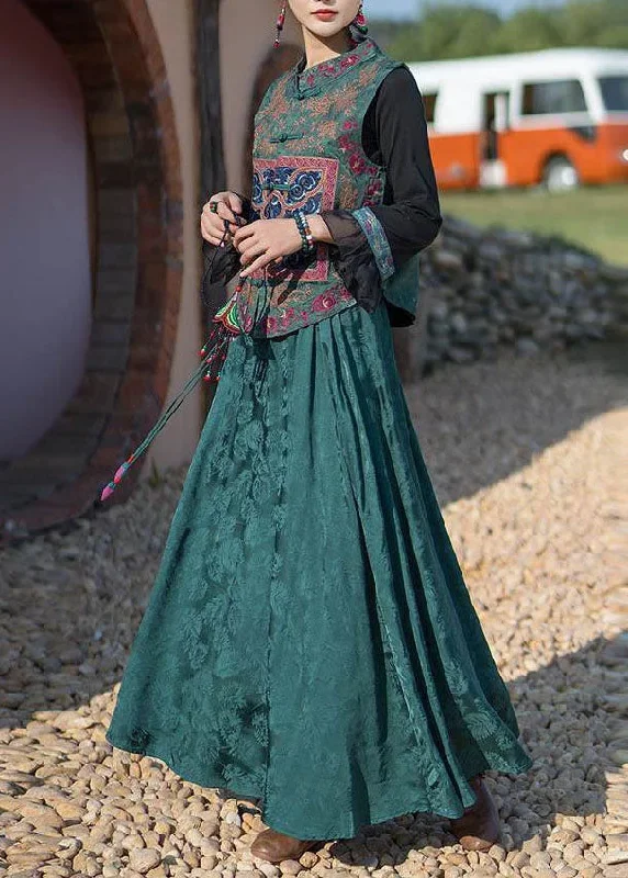 fine-green-wrinkled-embroideried-pockets-patchwork-silk-skirt-summer