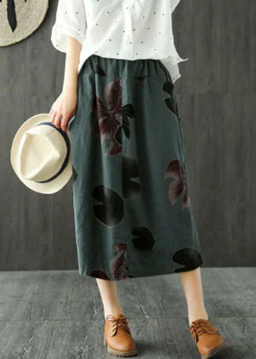 fitted-blackish-green-high-waist-pockets-print-side-open-linen-skirts-summer