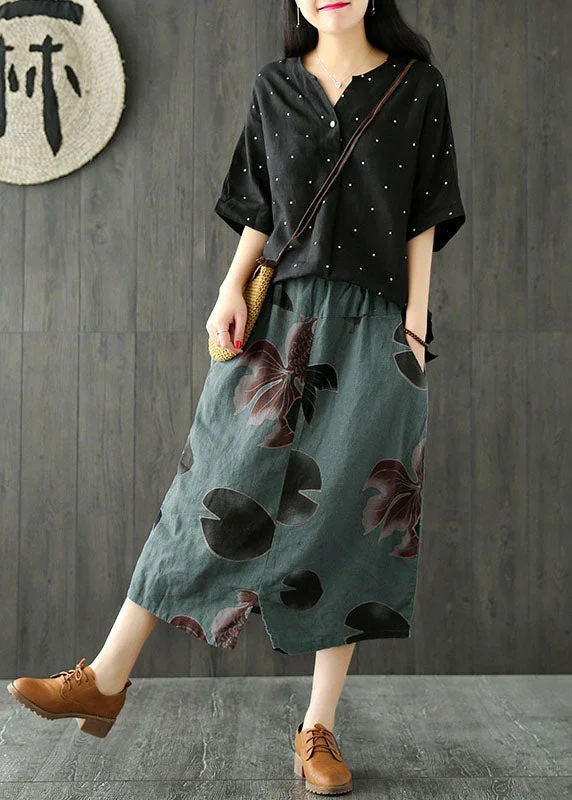 fitted-blackish-green-high-waist-pockets-print-side-open-linen-skirts-summer