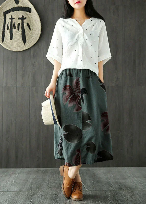 fitted-blackish-green-high-waist-pockets-print-side-open-linen-skirts-summer