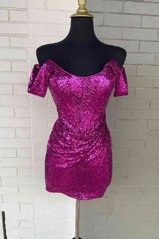 Fitted Off the Shoulder Fuchsia Sequined Mini Homecoming Dress