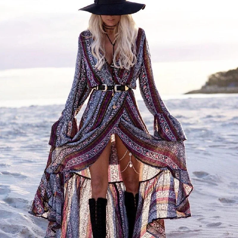 JuliaFashion-Free Spirit V-Neck Long Sleeve Maxi Dress