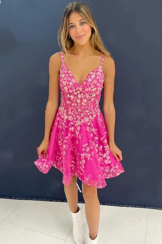 Fuchsia Floral Lace V-Neck Backless Short Gown