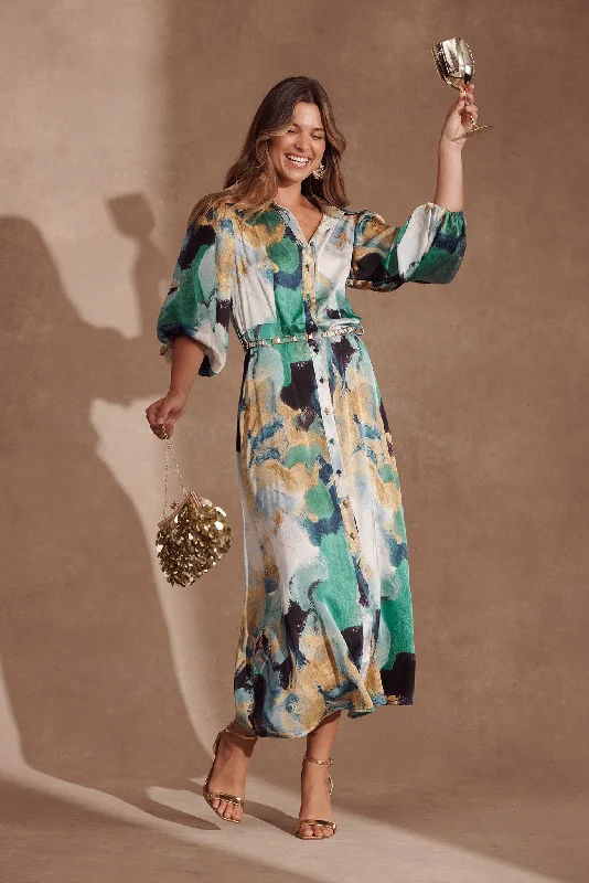 Gabi Maxi Shirt Dress In Blue Green Watercolour