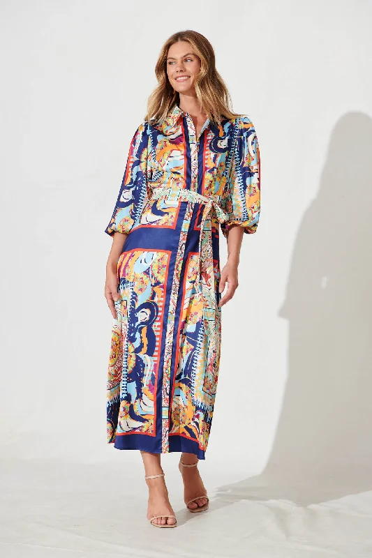 Gabi Maxi Shirt Dress In Navy Multi Print Satin