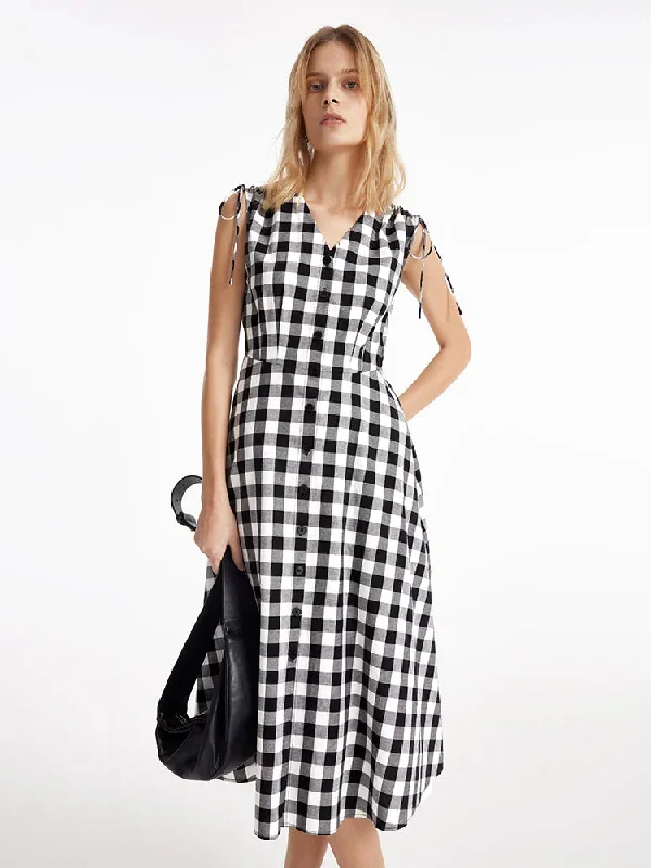 Gingham Single-Breasted Women Midi Dress