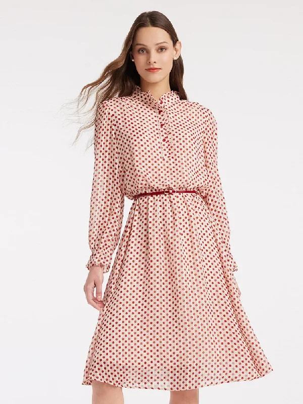 Gathered Waist Polka Dots Ruffle Midi Dress