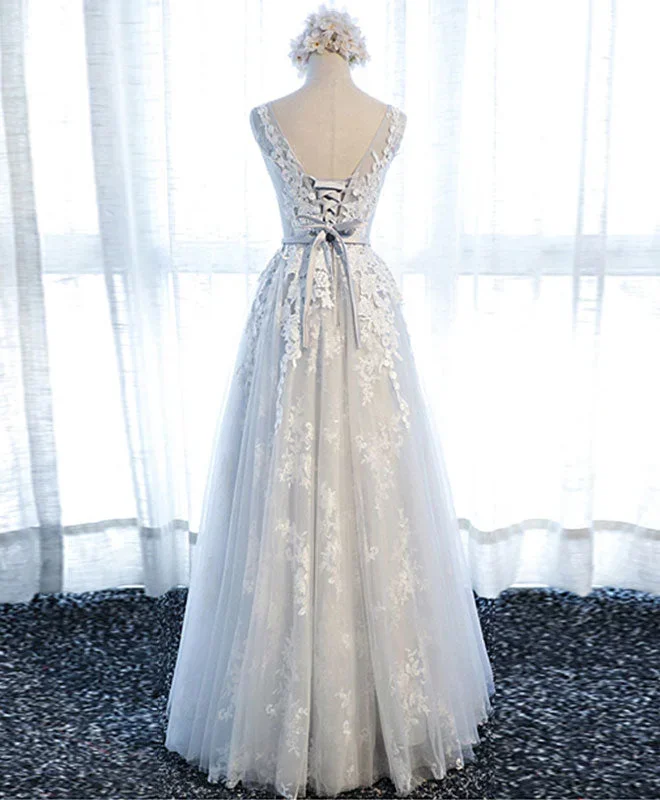 gray-round-neck-tulle-lace-applique-long-prom-dress