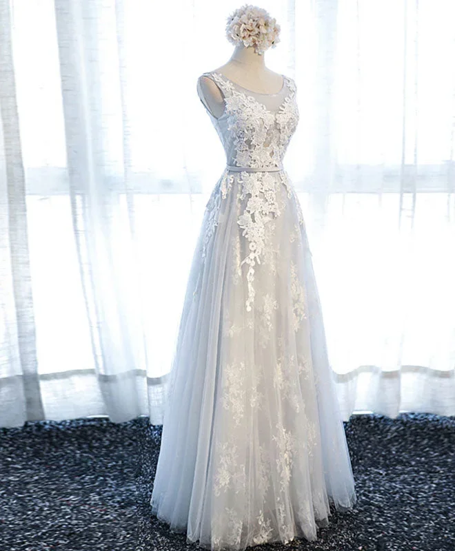 gray-round-neck-tulle-lace-applique-long-prom-dress