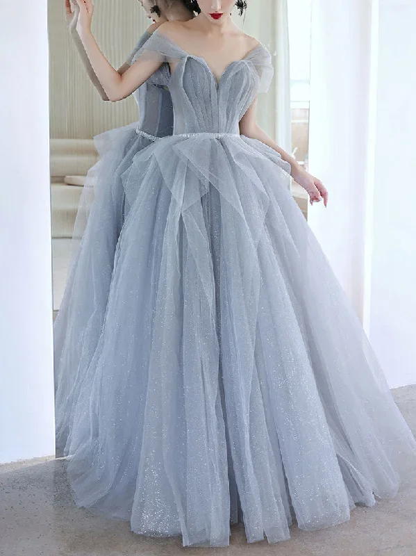 Gray Tulle Off Shoulder Long Prom Dress, Gray Tulle Formal Dress