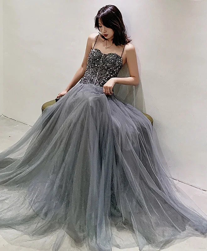 Gray Tulle Sequin Long Prom Dress Gray Tulle Formal Dress