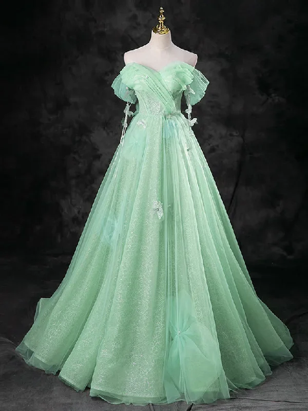 Green A-Line Off Shoulder Tulle Long Prom Dress, Green Long Formal Dress