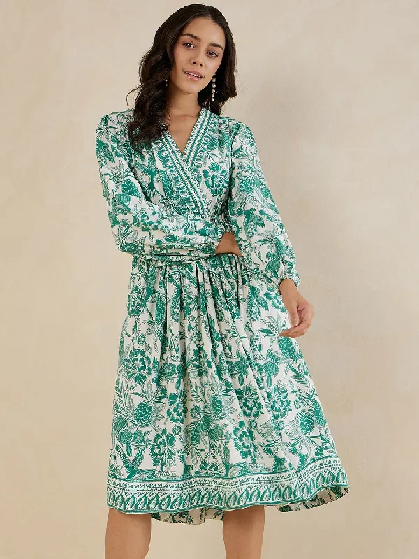 Green Border Printed Wrap Midi Dress