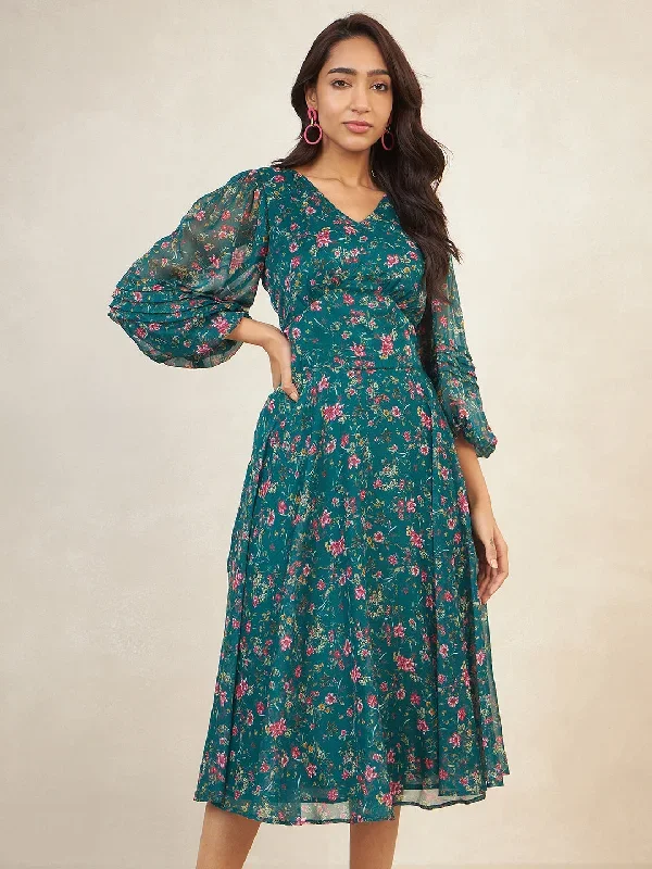 Green Floral Printed Corset Maxi Dress