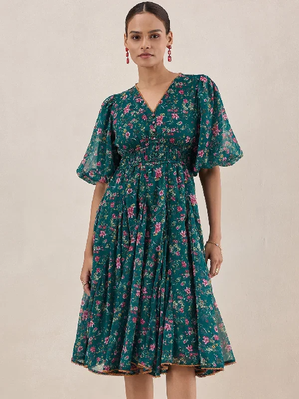 Green Floral Printed Midi Dress