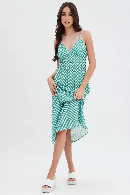 Green Geo Midi Dress V-Neck Sleeveless