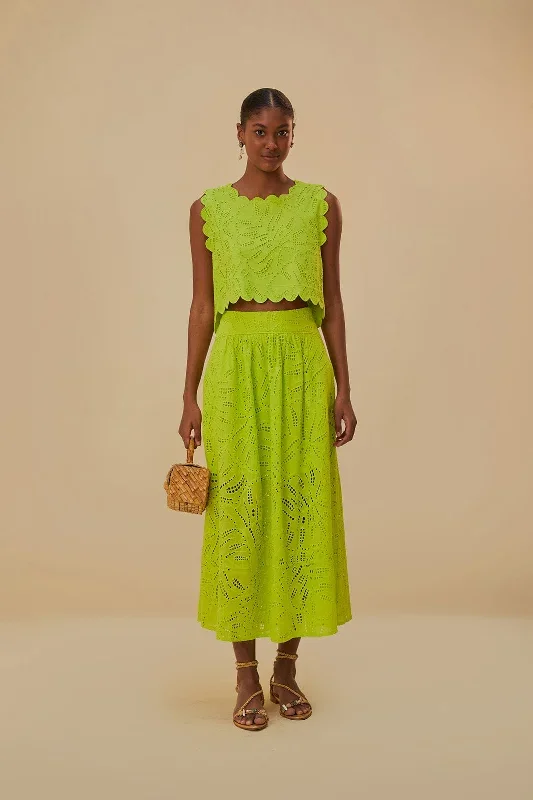 Green Monstera Eyelet Maxi Skirt