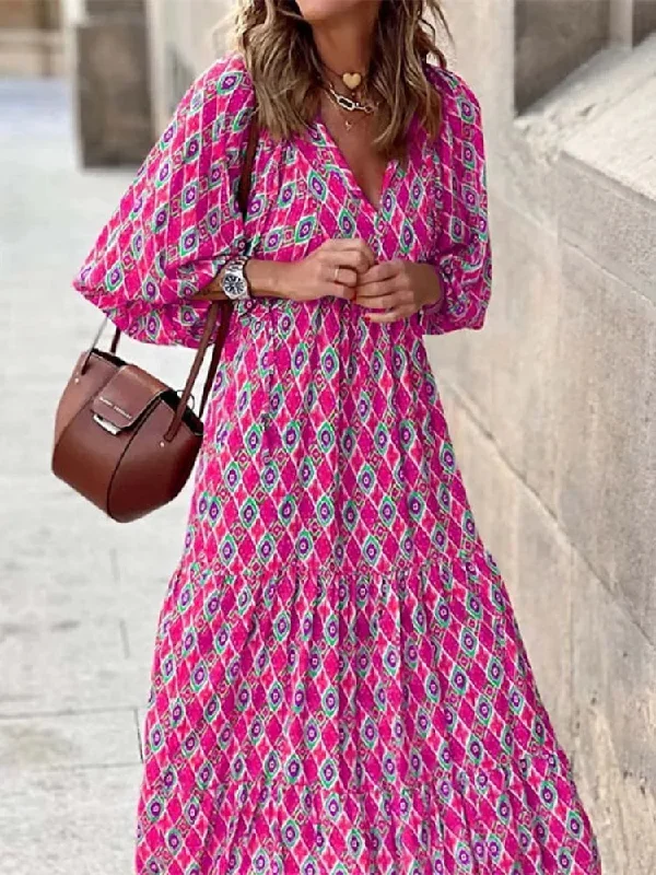 FashionSierra - 2024 Half Bubble Sleeves V-Neck Fashion Print Boho Dress