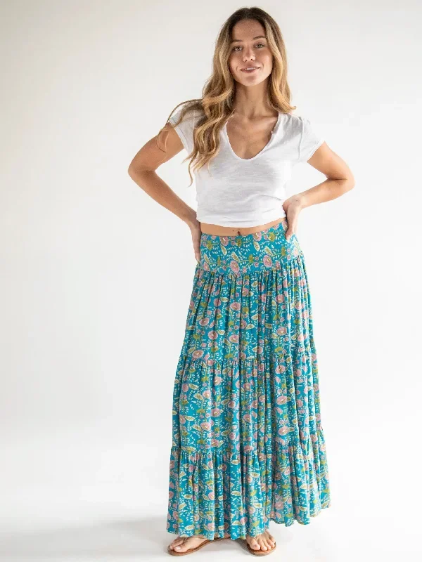 Hanna Convertible Maxi Skirt - Blue Pink Floral Vines