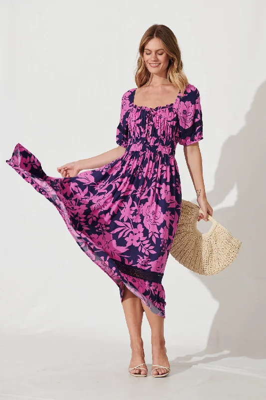 Hathaway Maxi Dress In Navy With Pink Flower