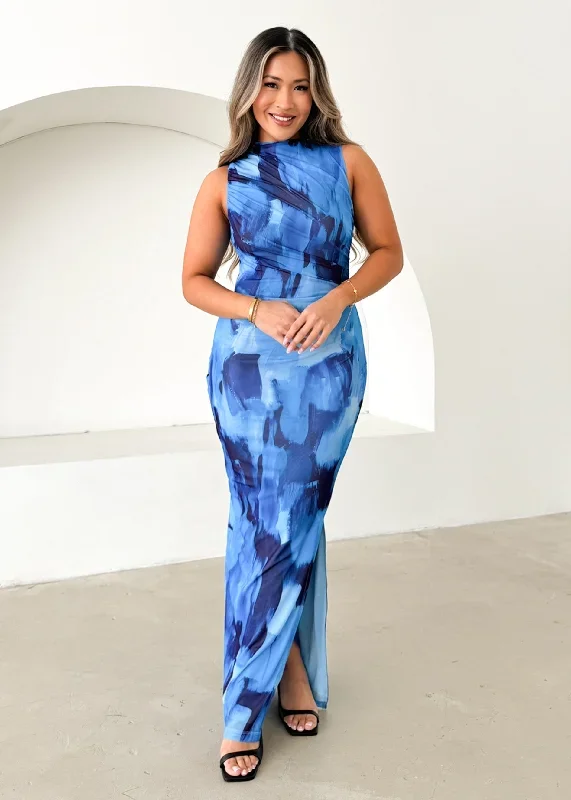 Jacey Mesh Maxi Dress - Blue Abstract