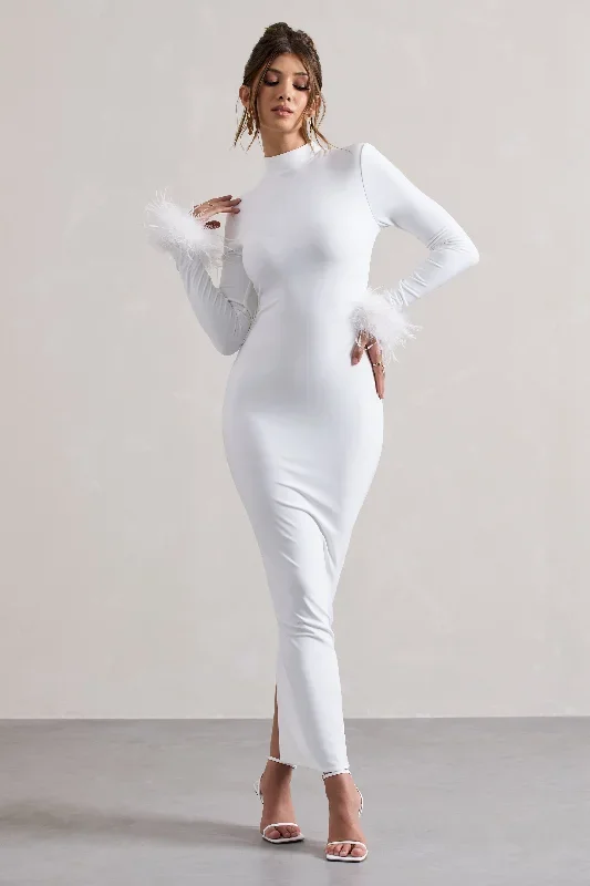 Khalia | White High-Neck Feather-Cuff Maxi Dress