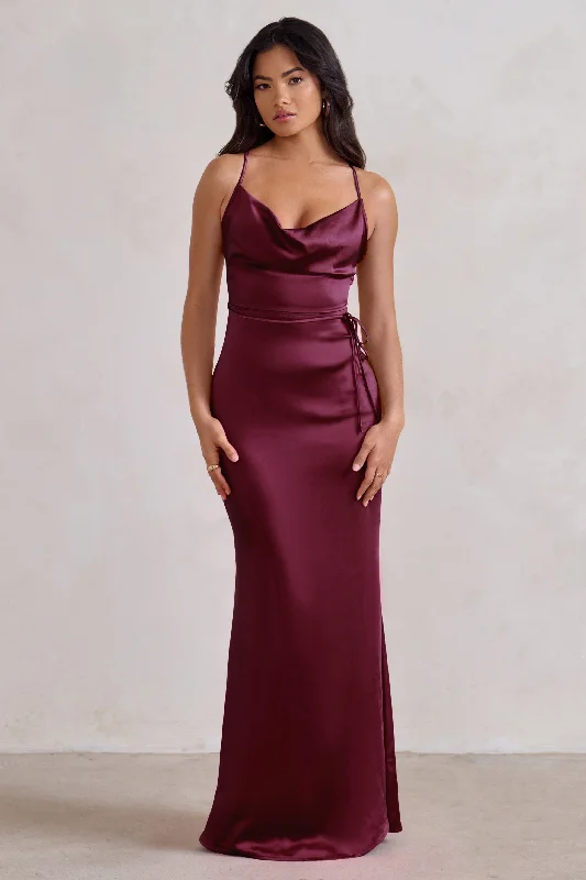 Lifetime | Burgundy Satin Cowl Neck Maxi Dress With Cross Back Detail