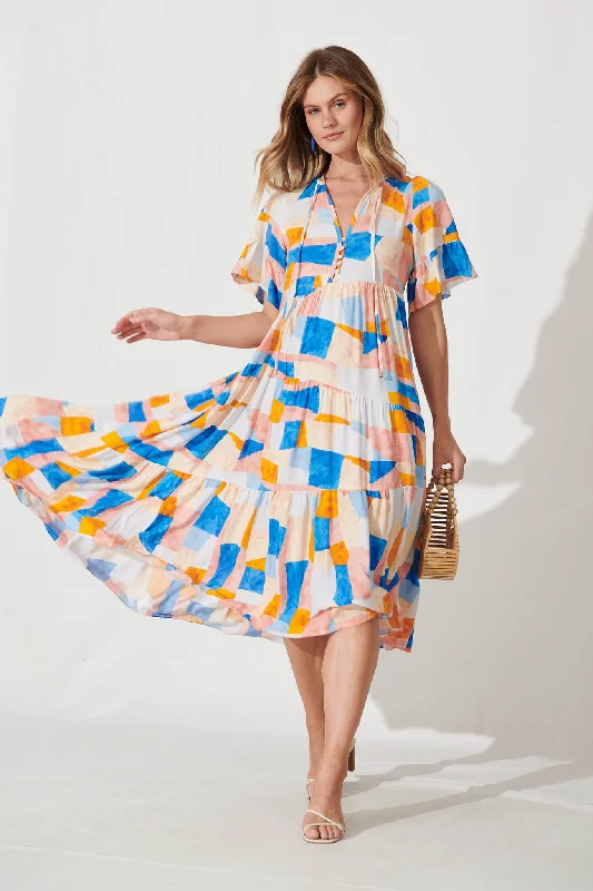 Lindy Midi Smock Dress In Abstract Squares Print