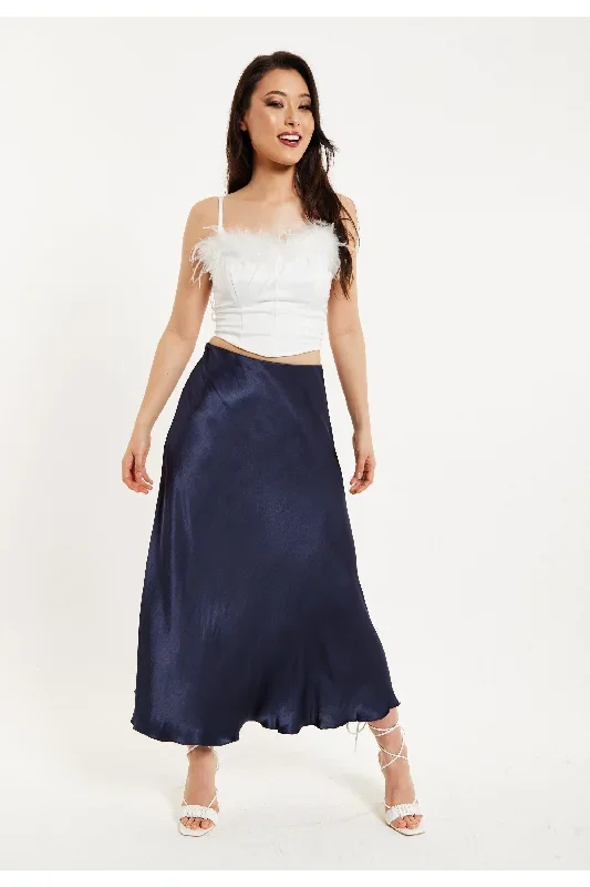 Liquorish Bias Cut Navy Satin Skirt