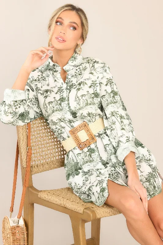 Little Pleasures Green Toile Button Front Mini Shirt Dress