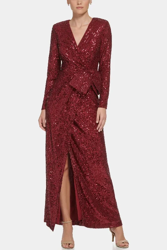 Long Sleeve Surplice Wrap Sequin Gown