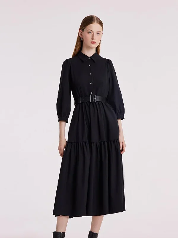 Machine Washable Silk And Woolen Collared Dress