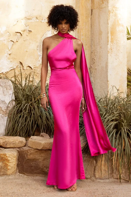 Mademoiselle | Hot Pink Asymmetric Scarf Neck Backless Maxi Dress