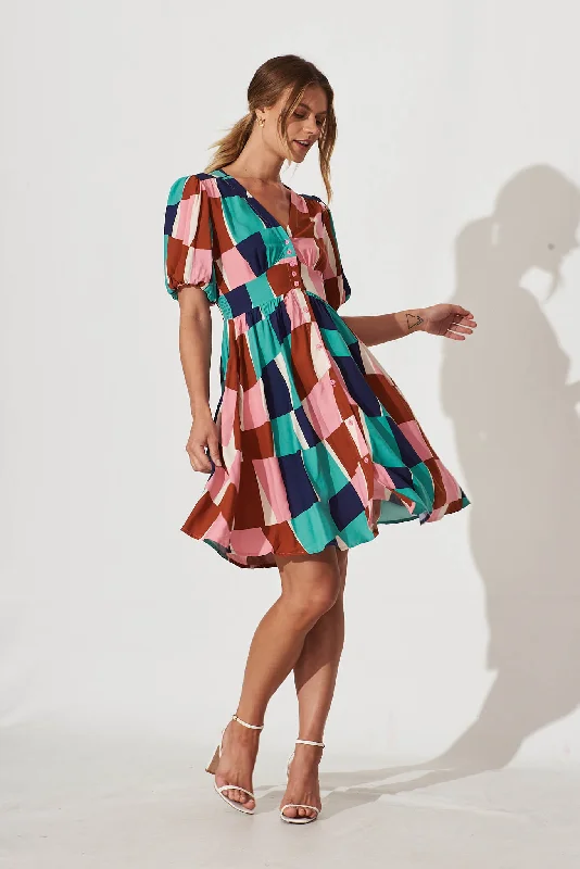 Marina Dress In Multi Abstract Squares Print