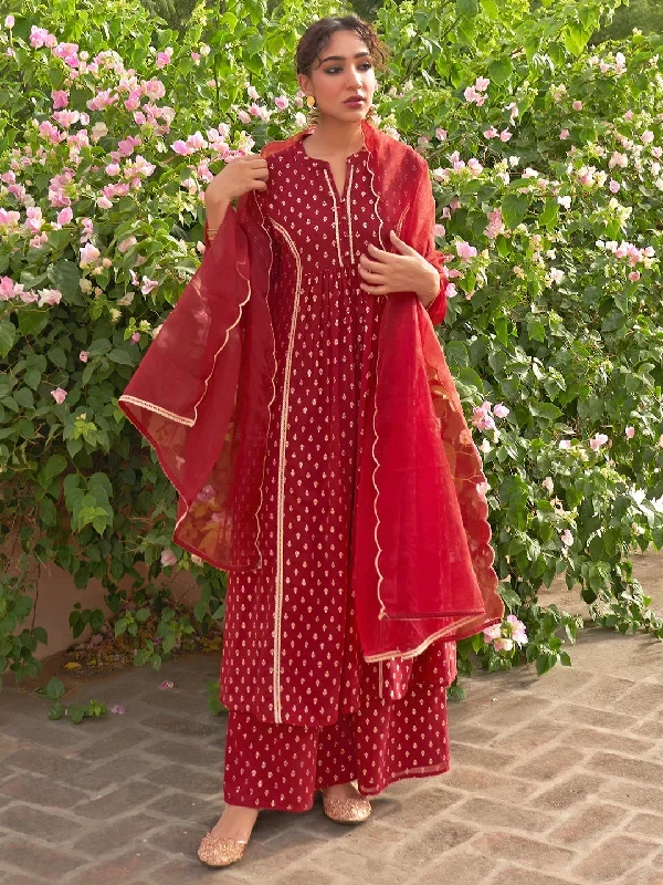 Maroon Georgette Foil Motif Printed Kurta with Palazzo and Dupatta