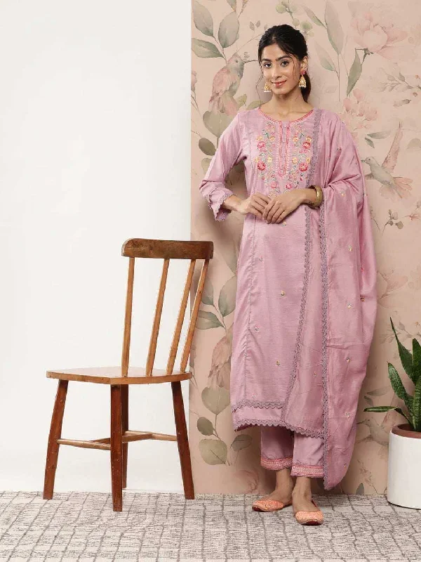 Mauve Poly Silk Floral Embroidery Kurta with Pant and Dupatta